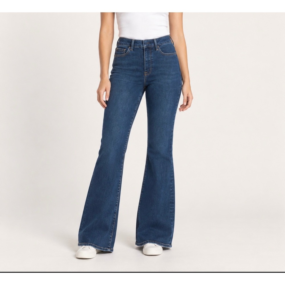 Good American Pull On Flare Jeans Indigo491 High Rise Stretch Denim SZ M